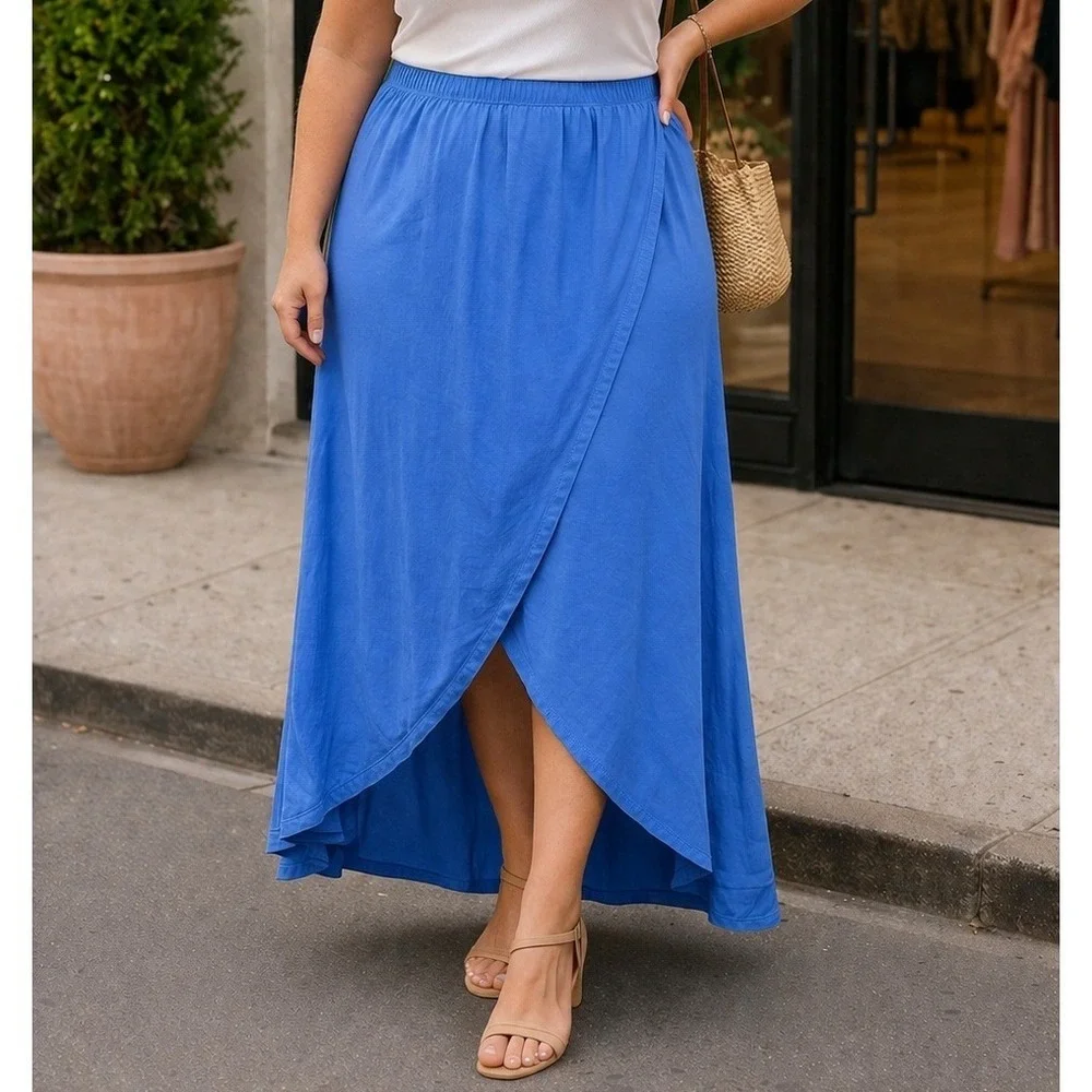 Blue High Low Tulip Hem‎ Maxi Skirt Elastic Waist Faux Wrap Drape Skirt